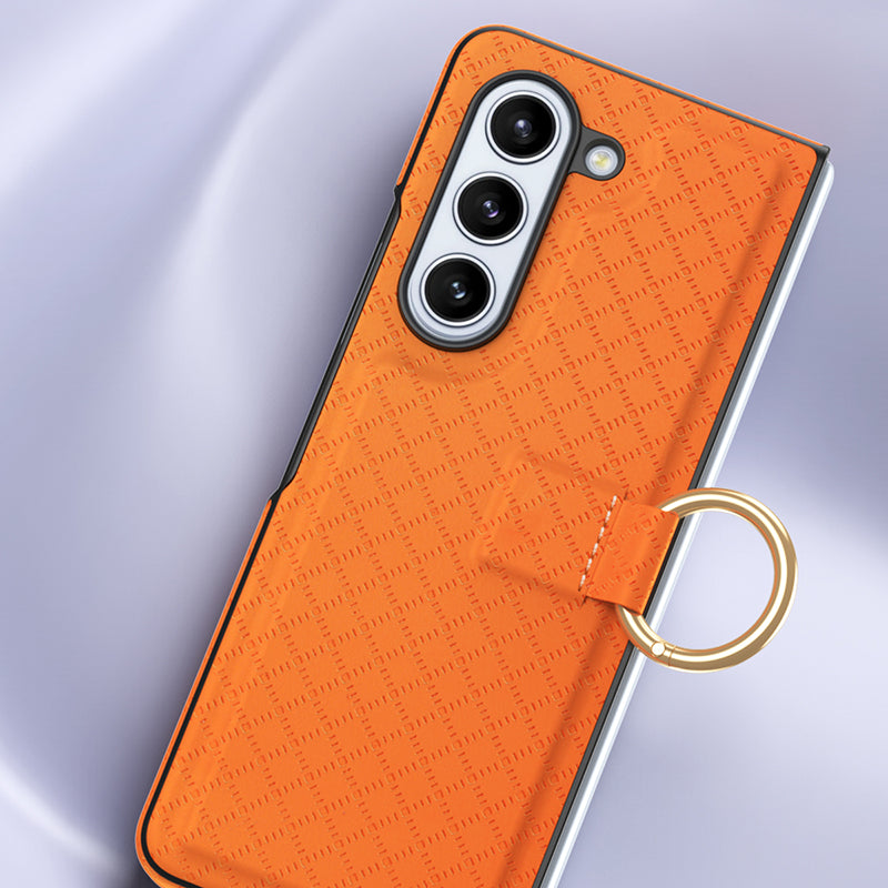 GKK Anti-Drop Phone Case for Samsung Galaxy Z Fold5 5G Grids Imprinted PU PC Phone Cover with Ring Finger Holder GKK Anti-Drop Phone Case for Samsung Galaxy Z Fold5 5G Grids Imprinted PU PC Phone Cover with Ring Finger Holder